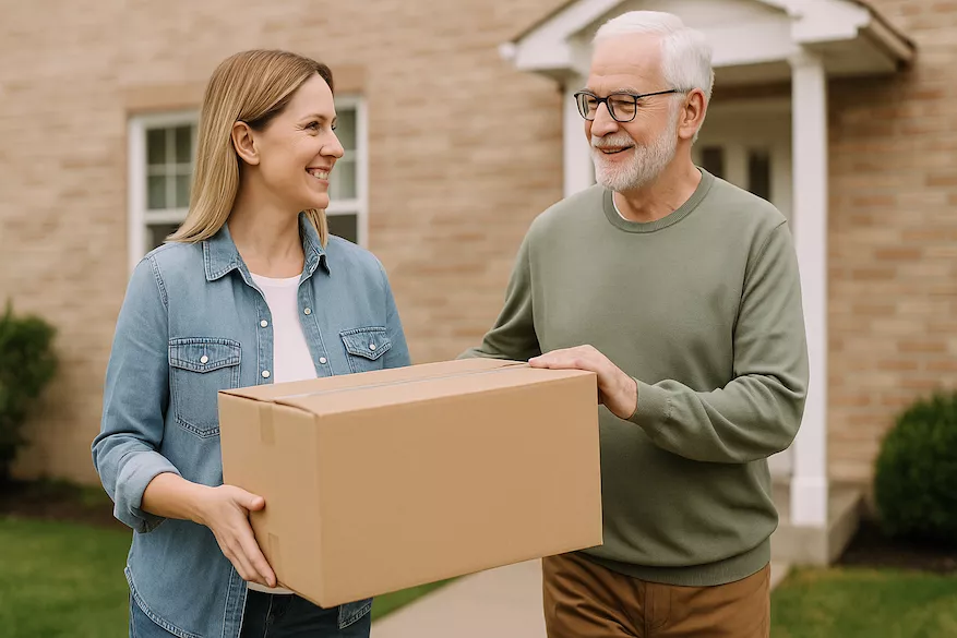Hjälpa äldre anhörig vid flytt – vuxet barn bär flyttlåda med sin förälder